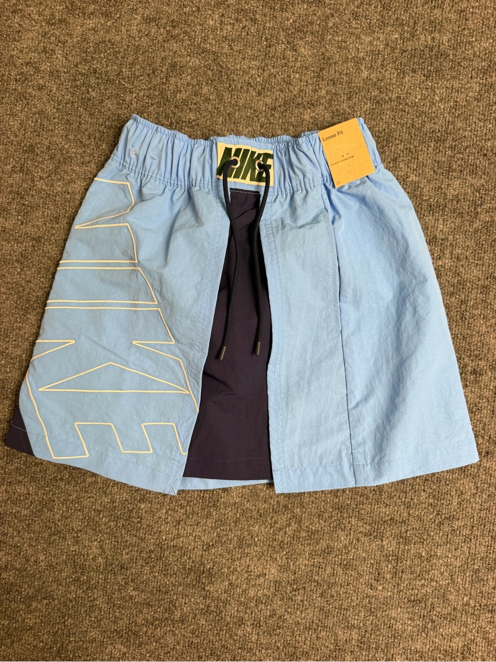 Nike Men’s Light Blue Athletic Shorts with Navy Inner Layer and Yellow Trim